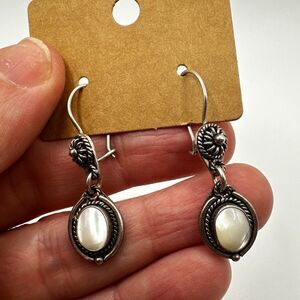 Mother of Pearl oval cabochon in sterling silver 925 dangle earrings!